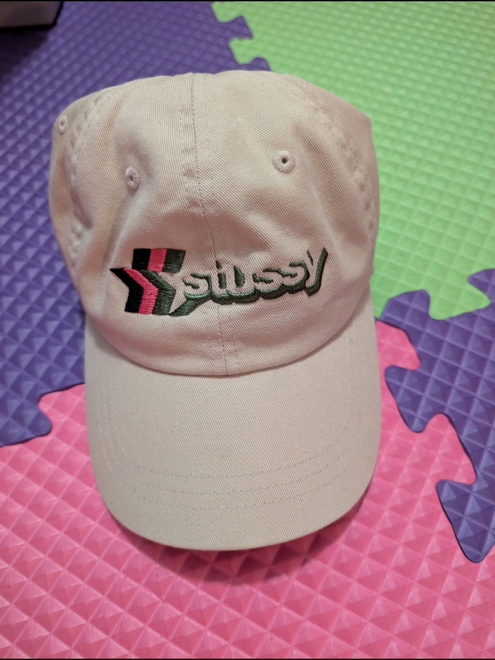 Stussy Beige Cap with Black Logo Patch and Pink/Green Accent